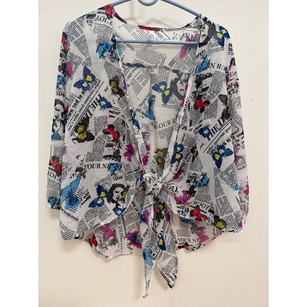 Live 4 Truth Newspaper Butterfly Print Tie Front Sheer Chiffon Blouse L
